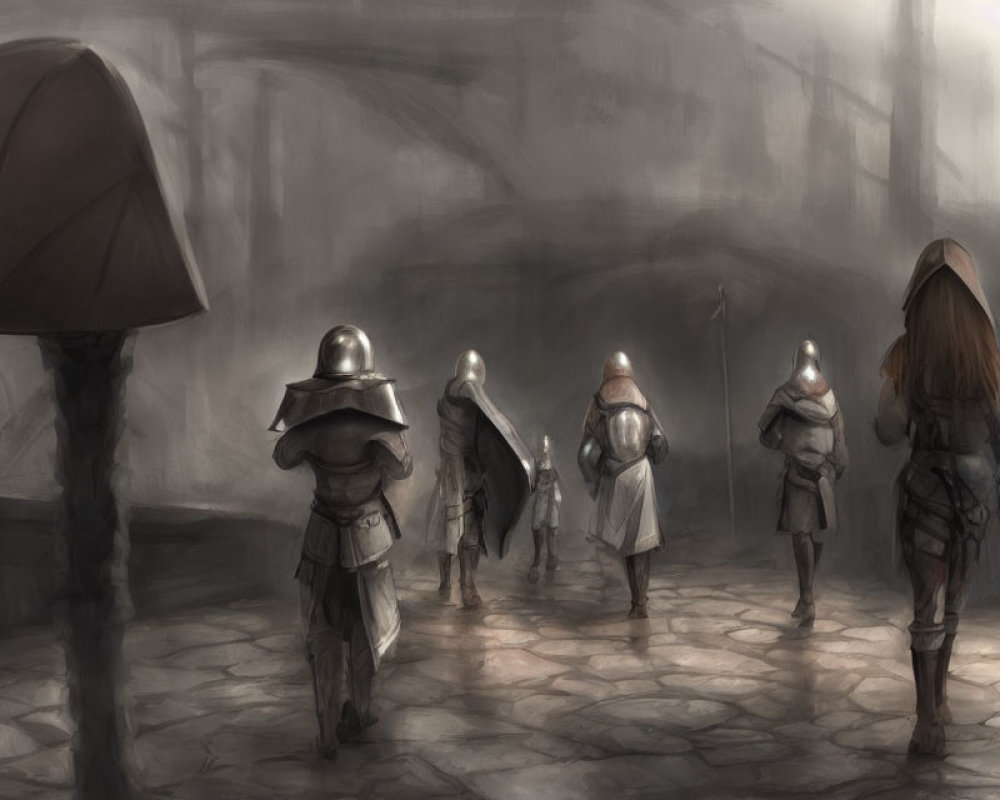 Medieval knights in armor on misty cobblestoned street