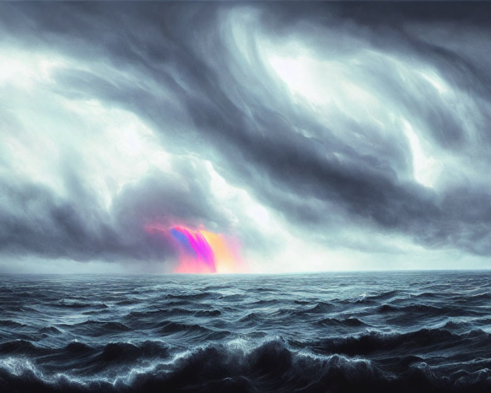 Stormy Seascape with Colorful Aurora Light on Horizon