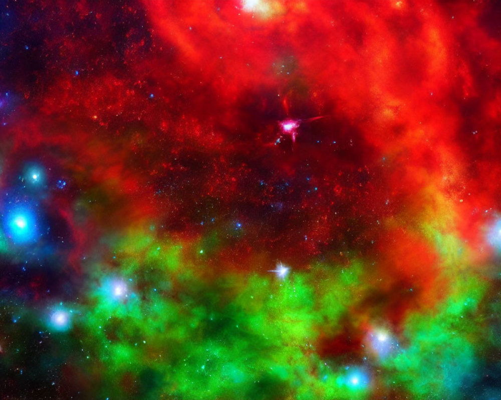 Colorful cosmic image with red, blue, and green hues and celestial formations