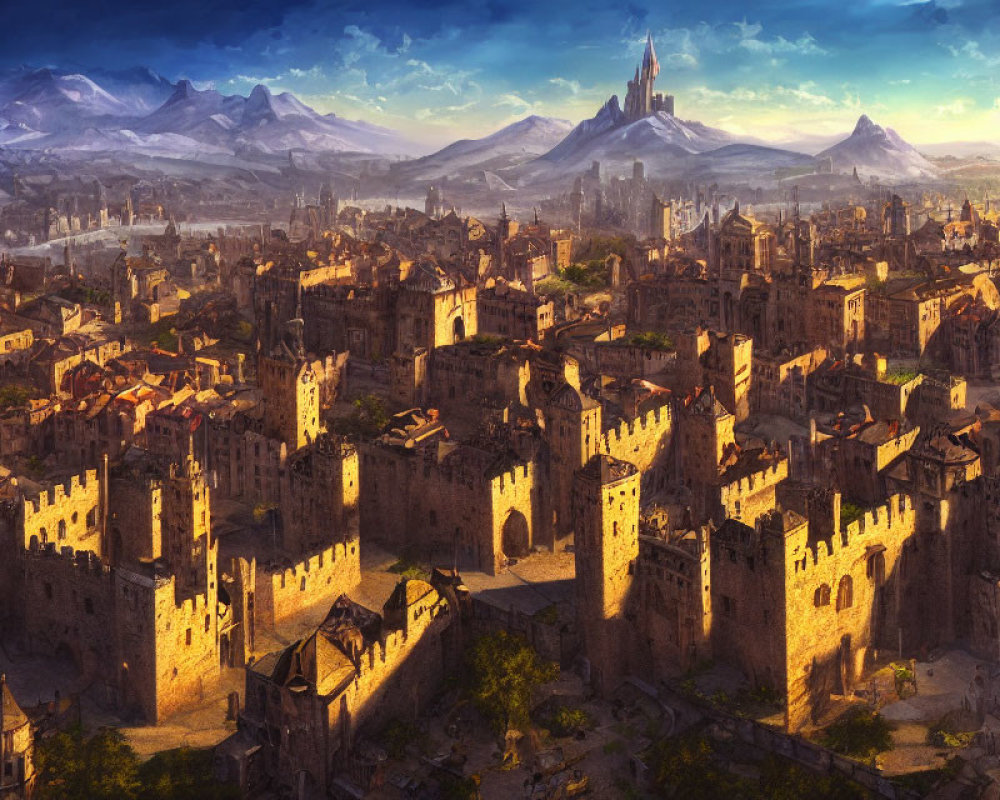 Medieval Fantasy Cityscape with Stone Towers and Castles