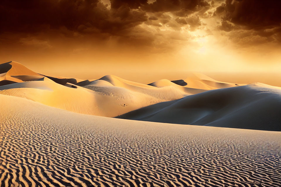 Sunlit Sand Dunes with Dramatic Cloudy Sky