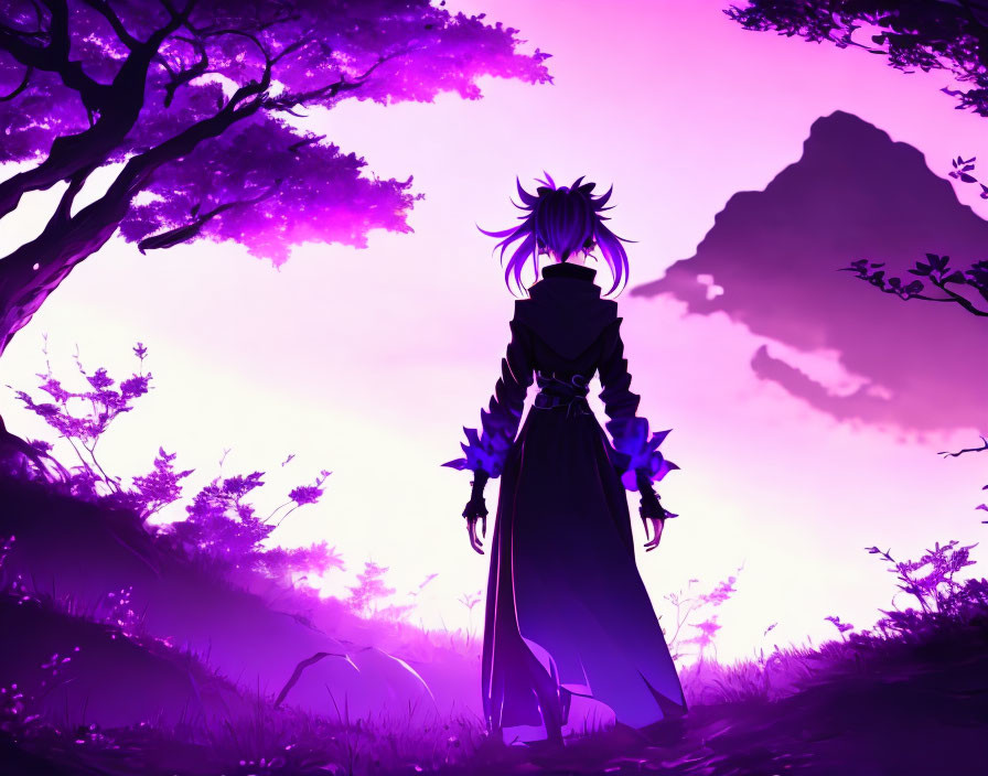 Silhouetted figure with spiky hair in mystical purple forest at twilight