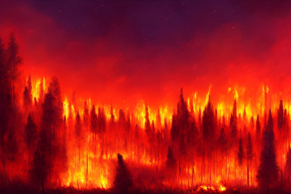 Intense forest fire at night with towering flames under starlit sky