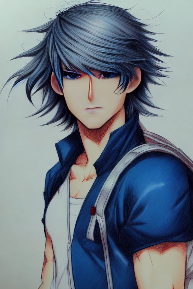 Anime character with spiky gray hair and red eyes in blue jacket.