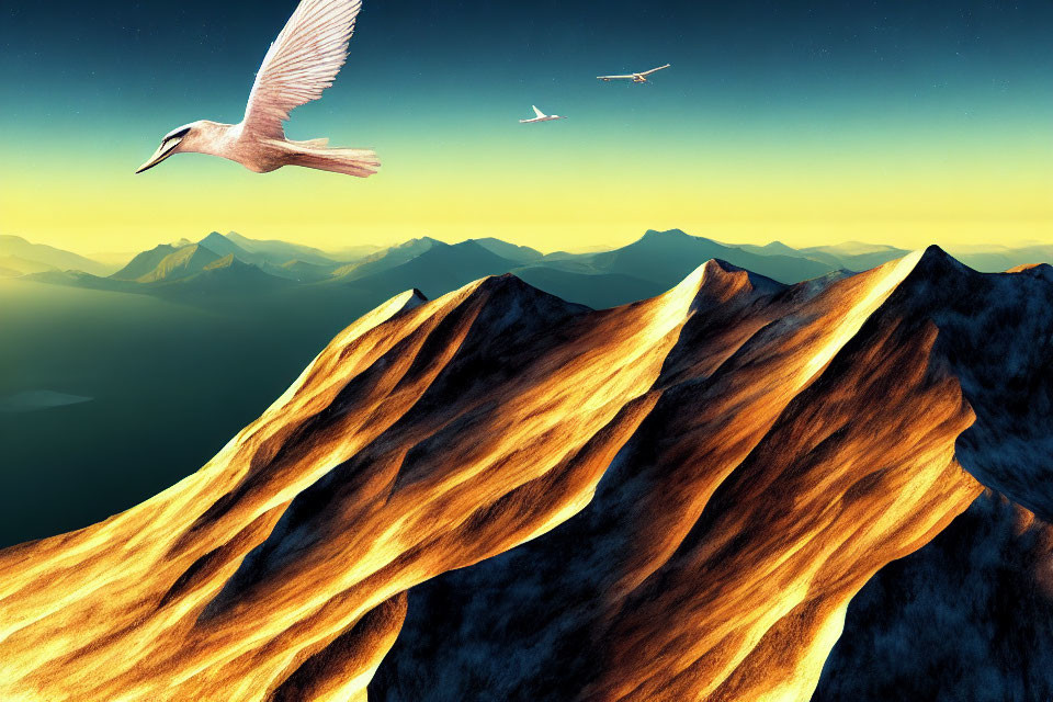 Birds Flying over Golden Mountain Peaks at Twilight Sky.