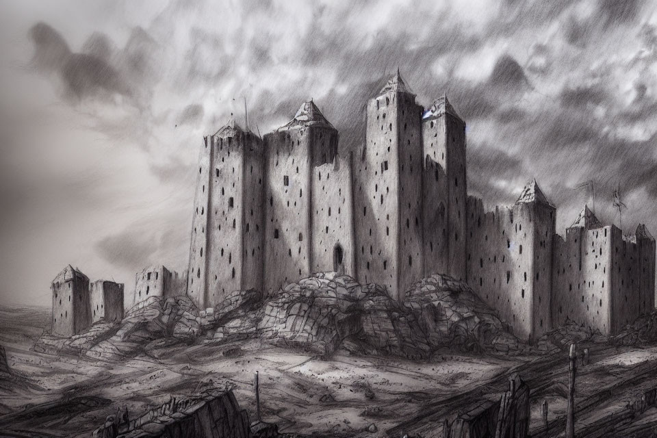 Monochrome sketch of an imposing castle on rugged terrain