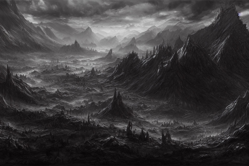 Monochrome landscape of jagged mountains under dramatic sky