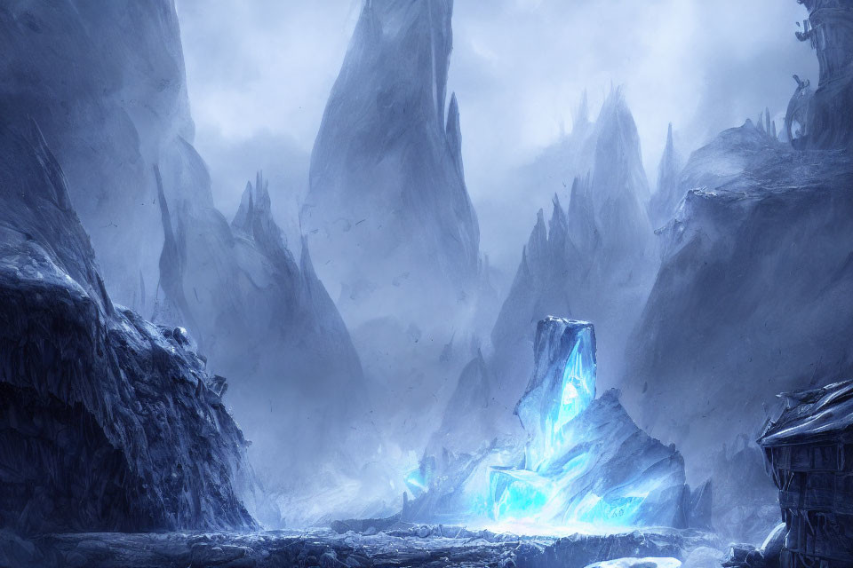 Mystical icy landscape with towering spires and glowing blue crystal formation