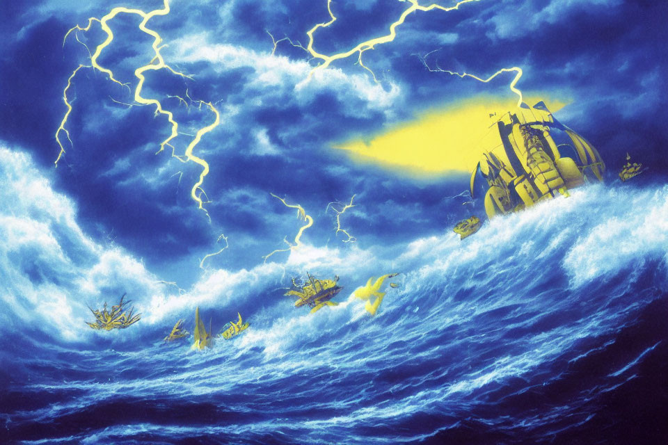 Stormy Ocean Scene with Ships and Lightning