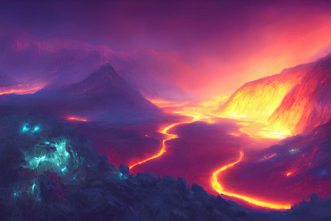 Fantastical landscape with lava rivers, glowing mountains, and ethereal lights