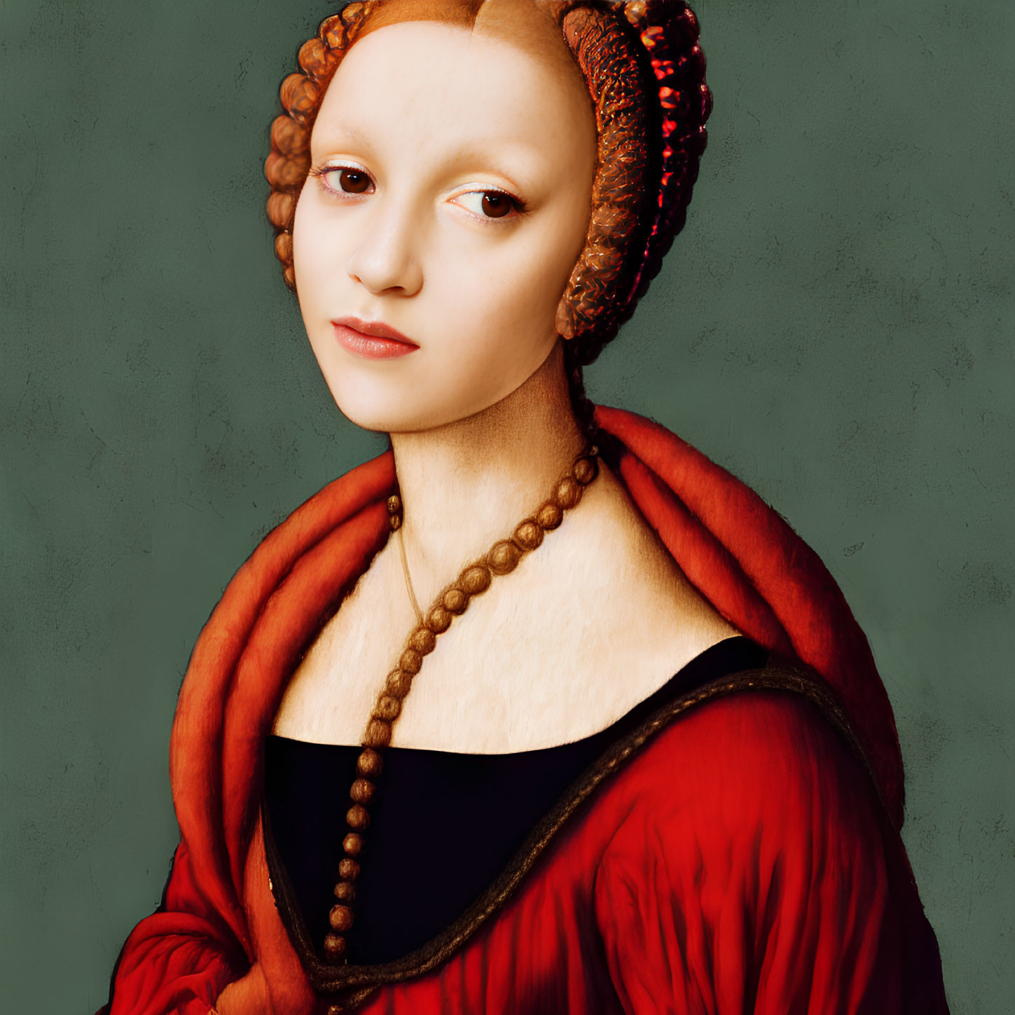 Portrait of woman with pale skin in black dress and red shawl, beaded necklace, braided