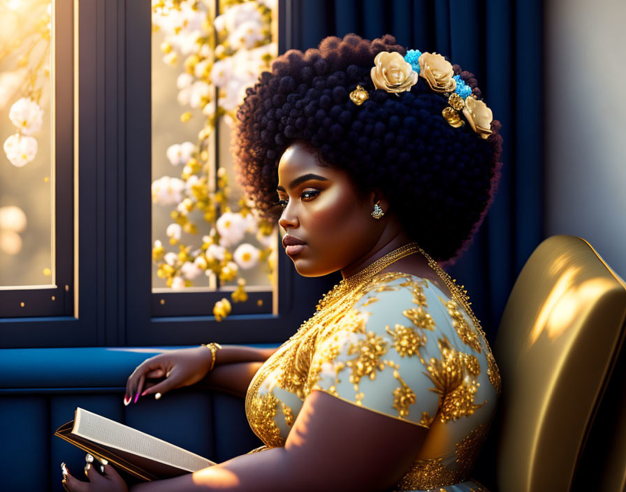 Woman with ornate afro hairstyle and floral adornments holding a book by window in gold-patterned