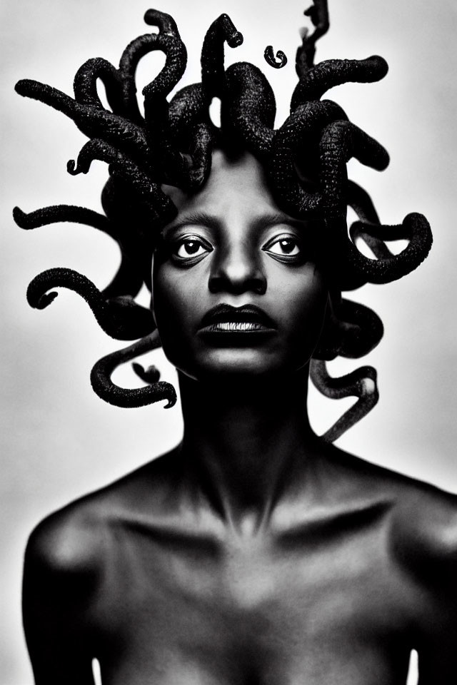 Monochromatic portrait with tentacle-like hair in Medusa style