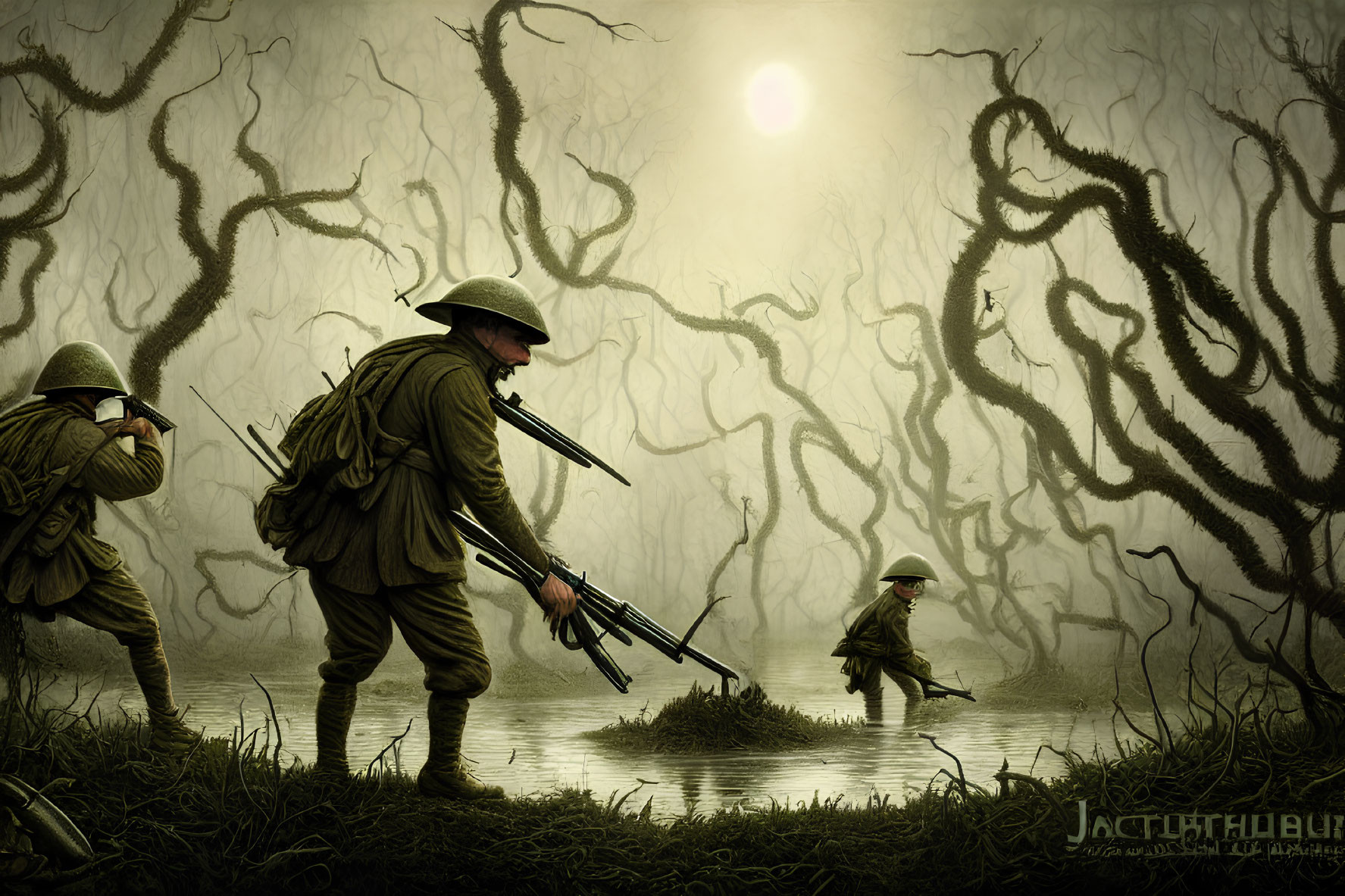 Three soldiers in old military gear navigating a swamp with barren trees under a hazy sun.