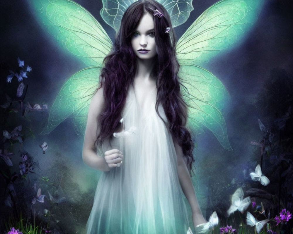 Mystical figure with green wings in white dress among purple flowers