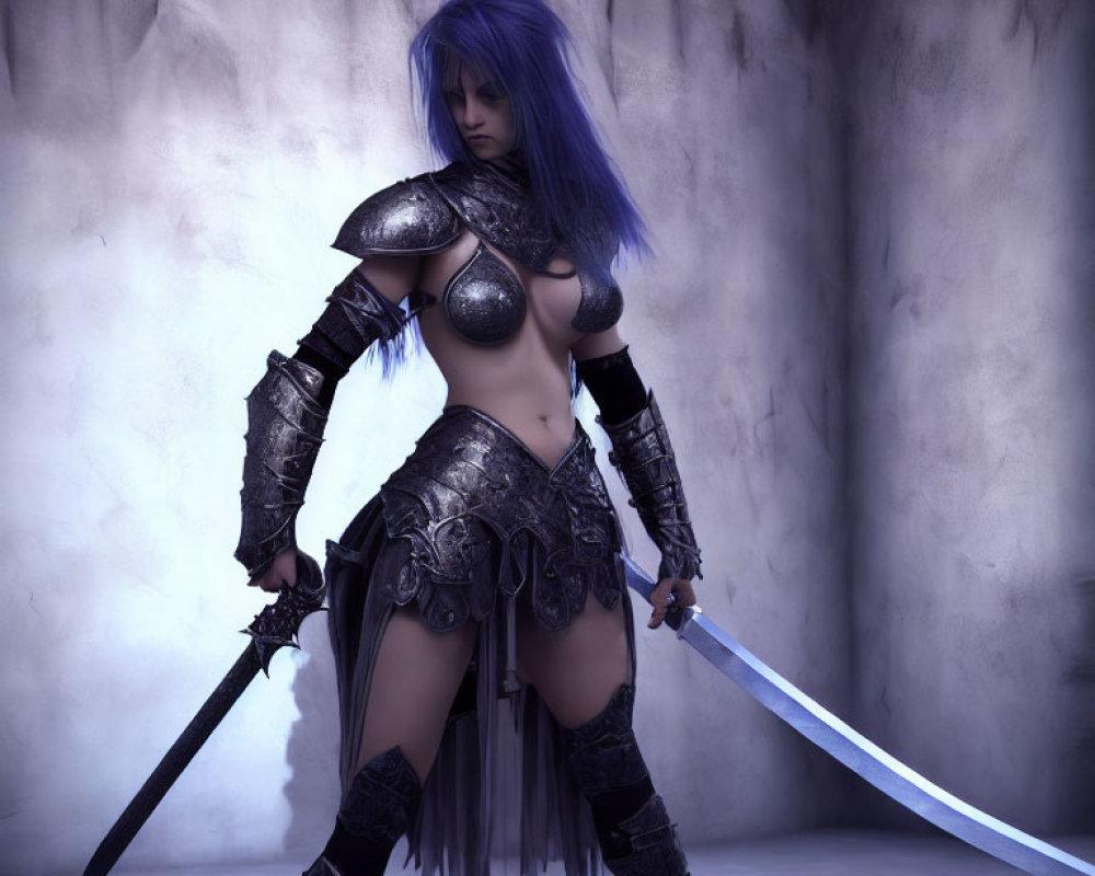 Blue-haired female warrior in dark fantasy armor wields curved sword in misty rocky scene