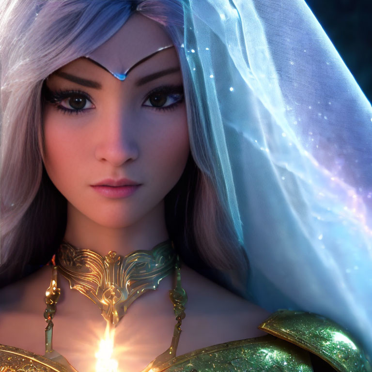 Fantasy female character with glowing pendant in ornate golden armor and blue headpiece in mystical twilight setting