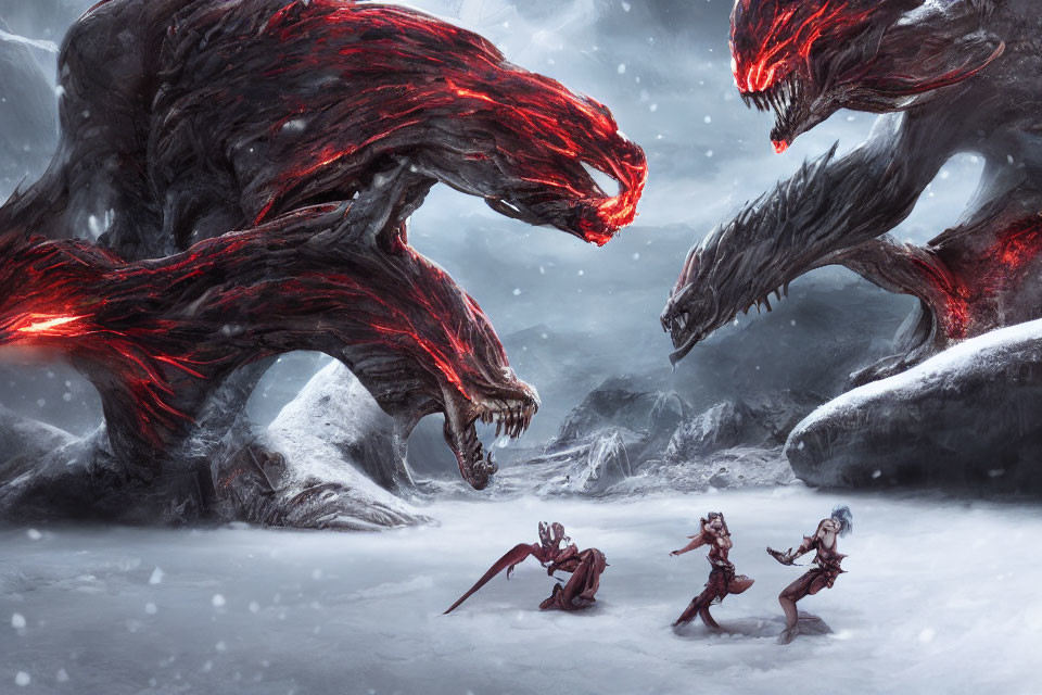 Three warriors facing glowing red-veined beasts in snowy landscape