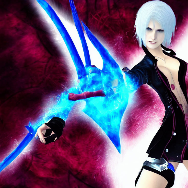 White-Haired Character Wielding Blue Swords on Crimson Background