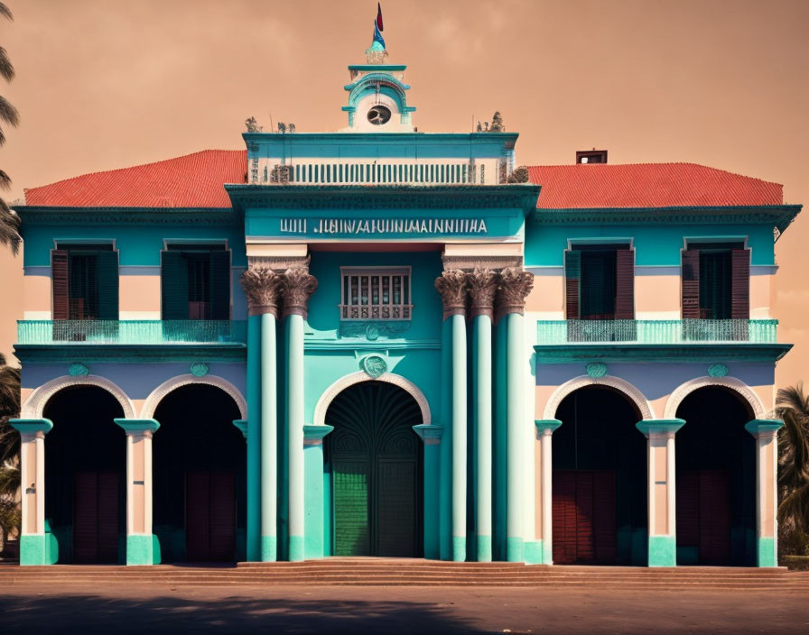 Colonial-style building with turquoise columns and red-tiled roof