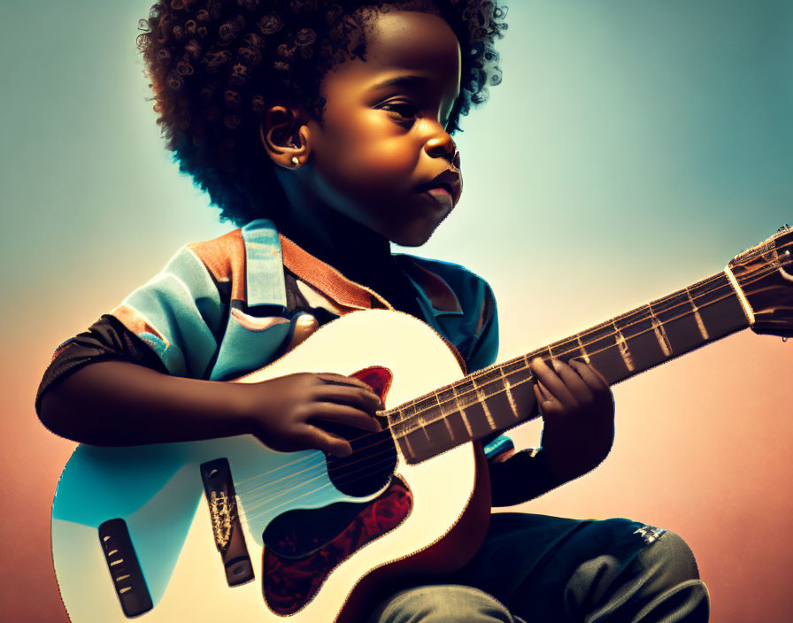 Young child playing white and blue guitar against warm backdrop