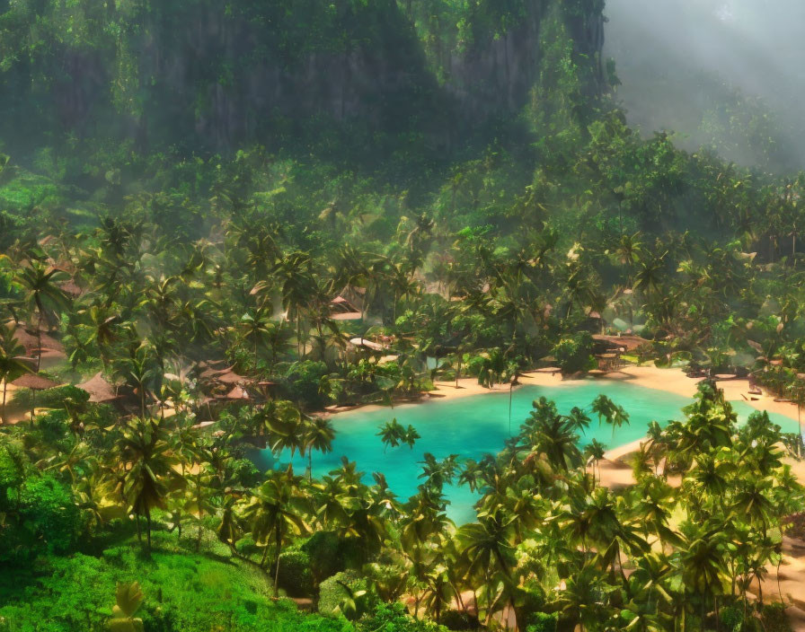 Tropical jungle with palm trees, blue pond, sandy patches, and misty cliffs