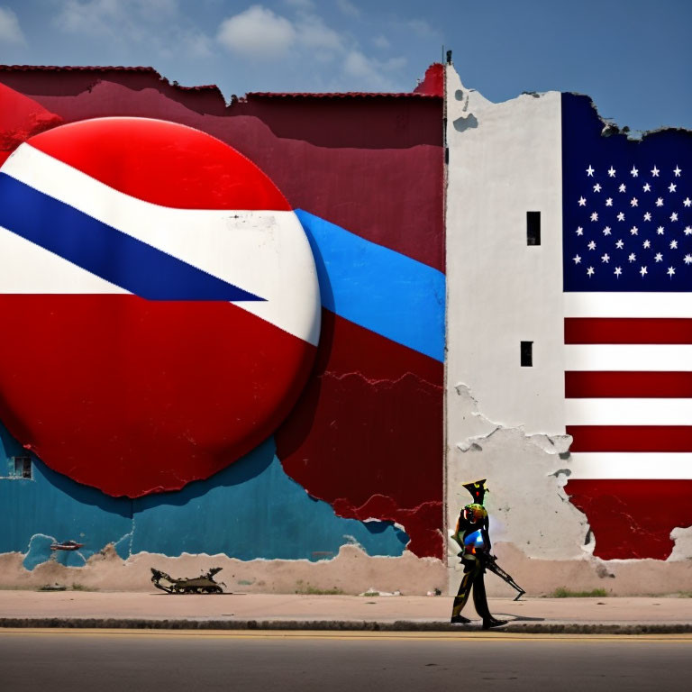 Person walking in front of merged Cuban and US flags on wall under blue sky