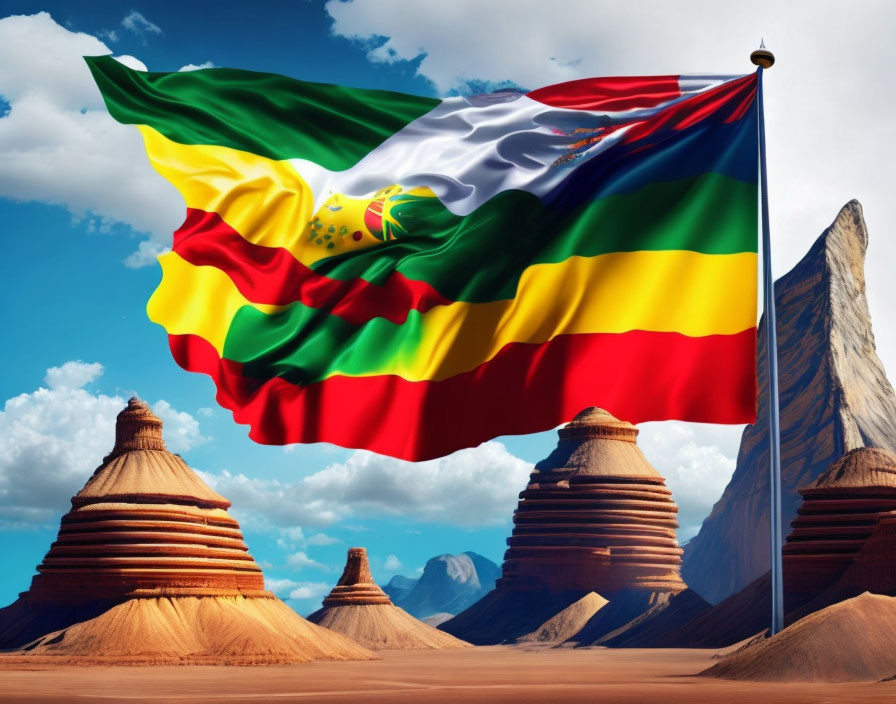 Colorful flag with green, yellow, white, red, and black stripes against desert backdrop