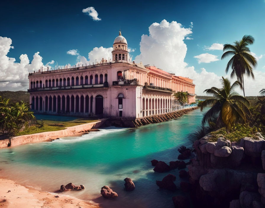 Colonial building with dome near turquoise river and tropical palms