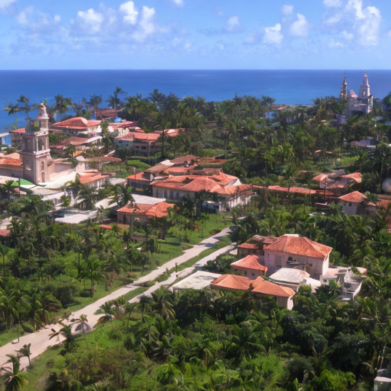 Tropical coastal town with lush greenery and terracotta rooftops