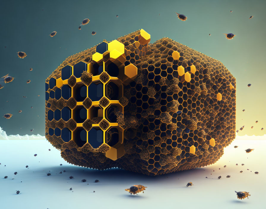 Porous honeycomb structure with gold-filled cells and flying bees.