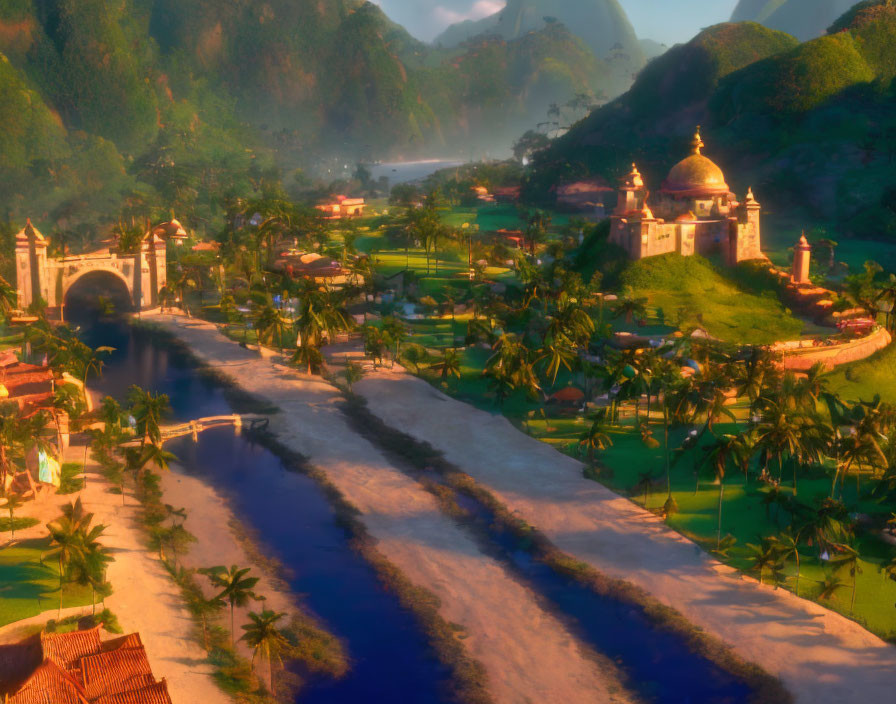 Animated Tropical Landscape with River, Palm Trees, and Golden-Domed Buildings at Sunset