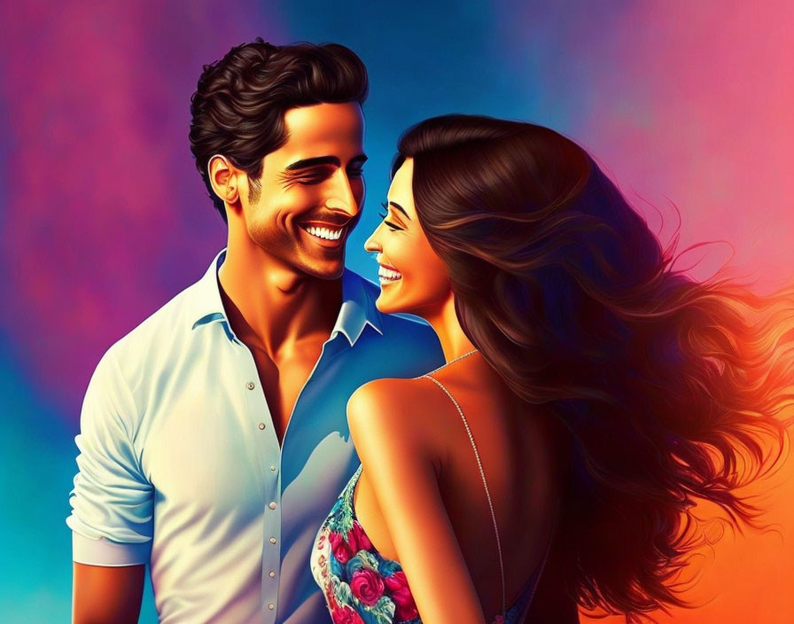 Vibrant digital illustration of smiling couple in romantic moment