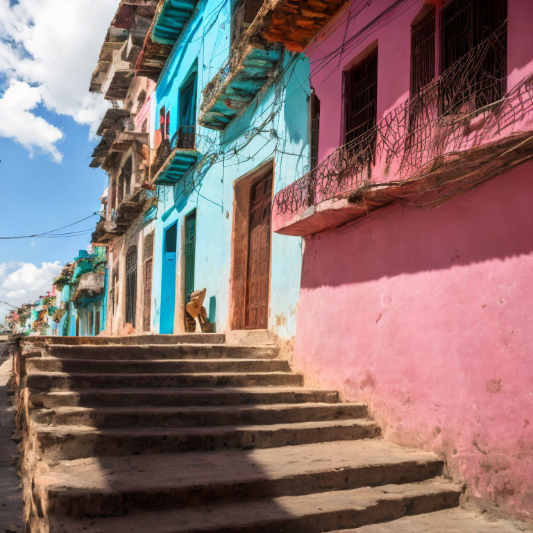 Vibrant old buildings and stairway with dog under blue sky