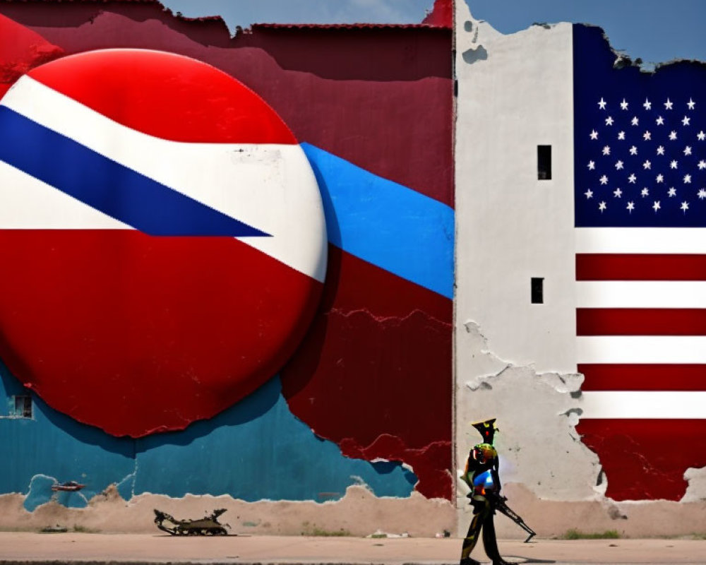 Person walking in front of merged Cuban and US flags on wall under blue sky