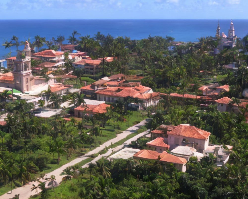 Tropical coastal town with lush greenery and terracotta rooftops