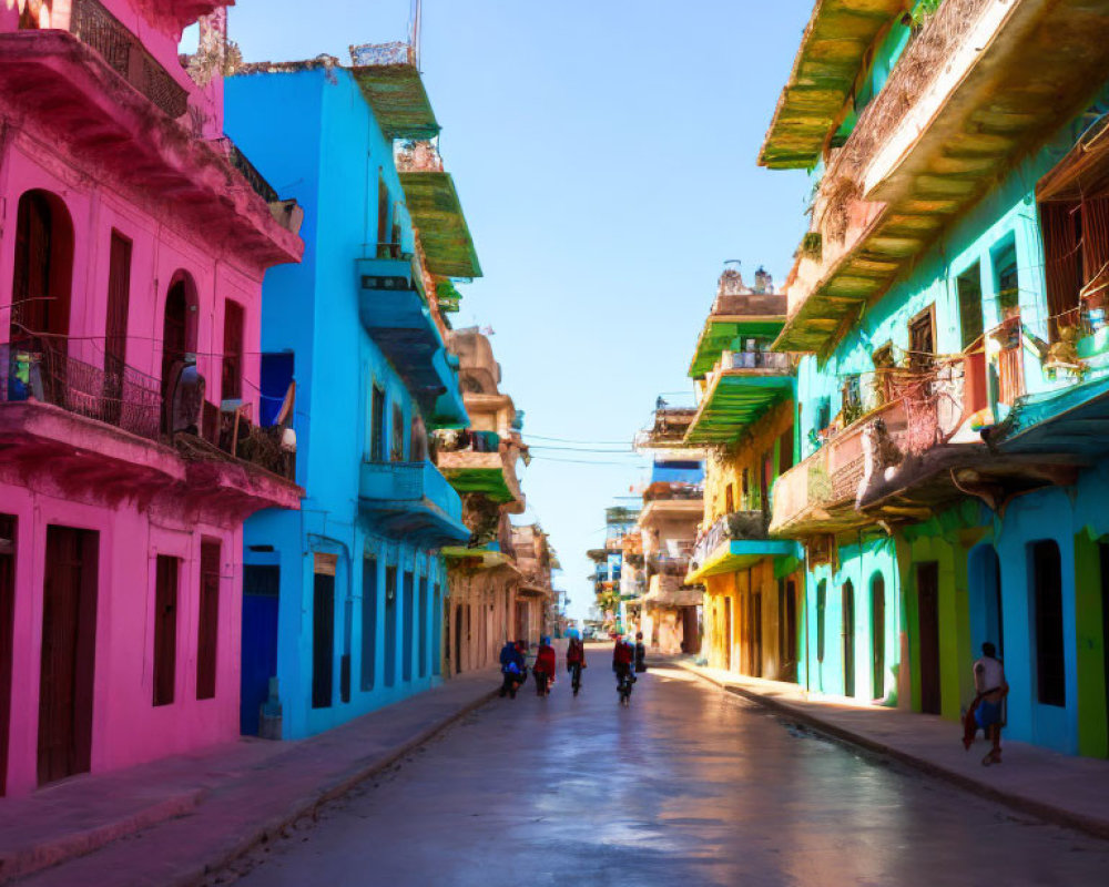 Colorful street scene with blue and pink buildings, pedestrians, and shadows under clear sky