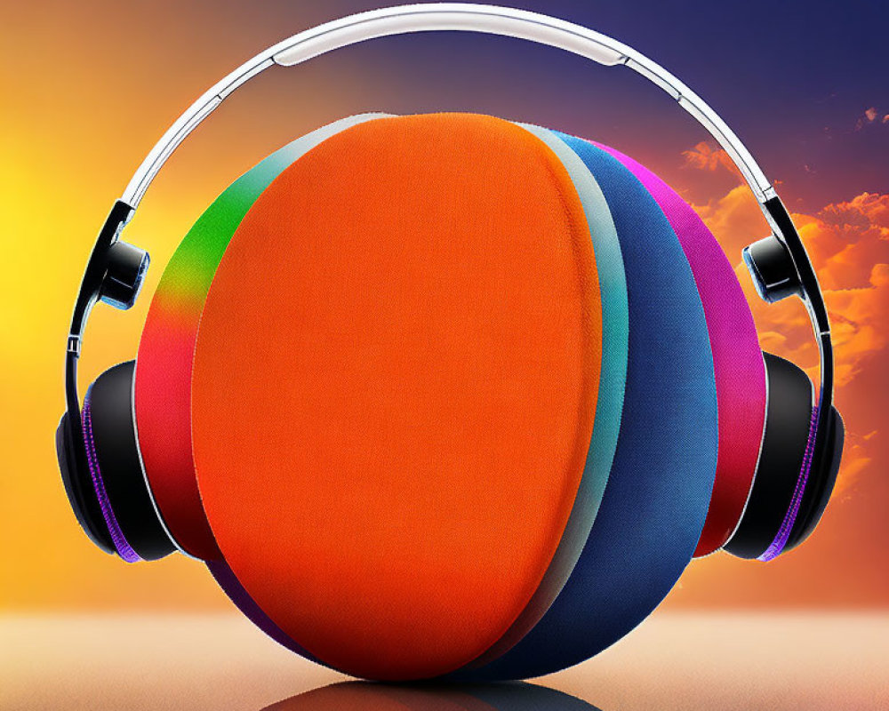 Colorful spherical object with headphones on orange background.