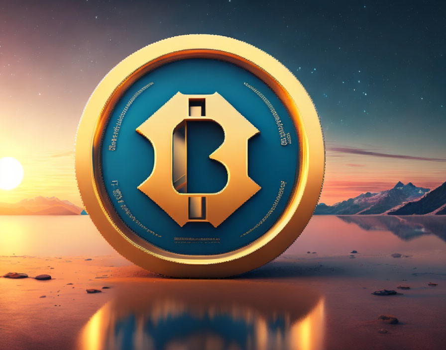 Stylized Bitcoin emblem on serene sunset landscape