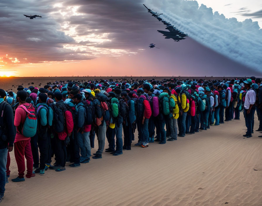 Crowd in desert watches futuristic aircrafts at sunset