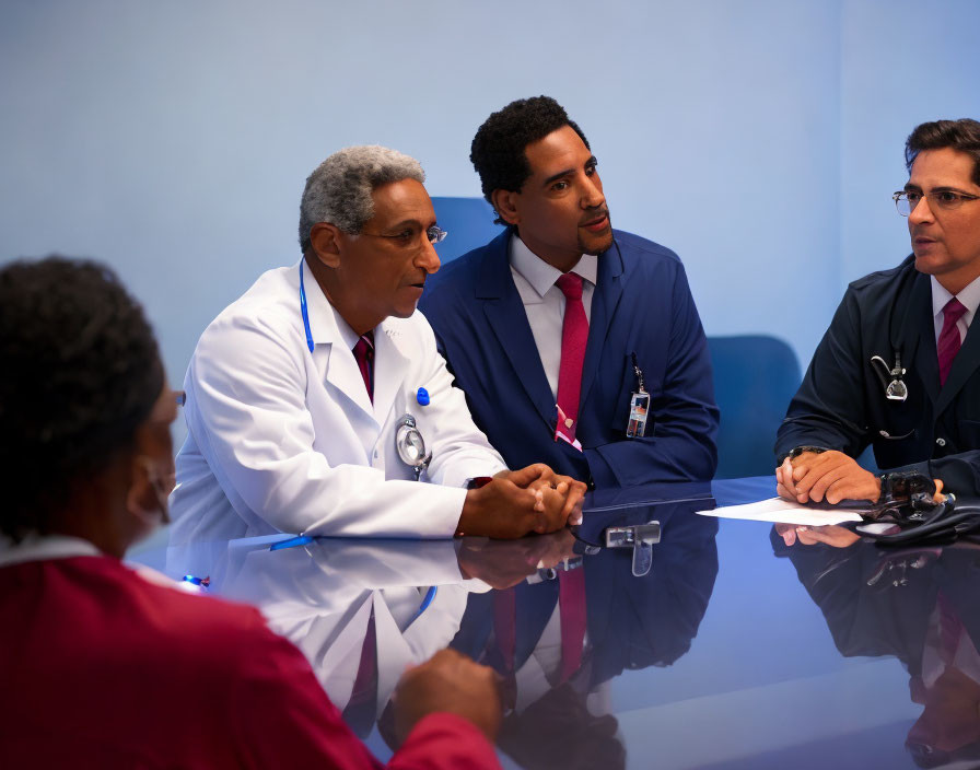 Healthcare professionals in lab coats having serious discussion at table