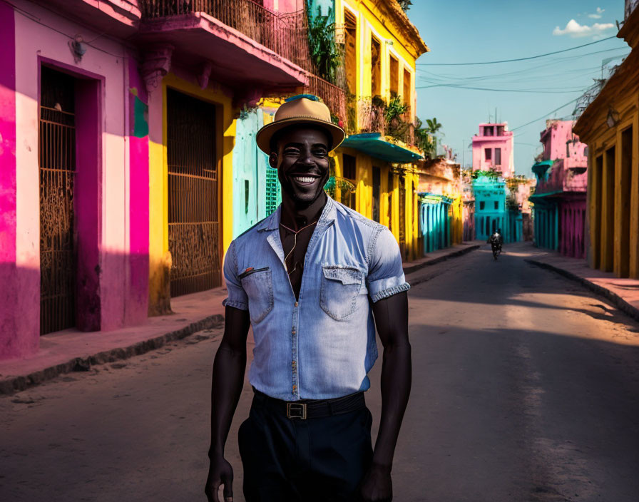 Smiling man in straw hat on colorful street