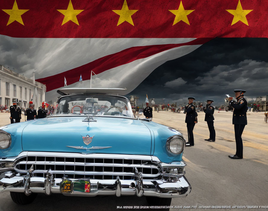 Vintage Blue Cadillac in Parade with American Flag and Saluting Officers