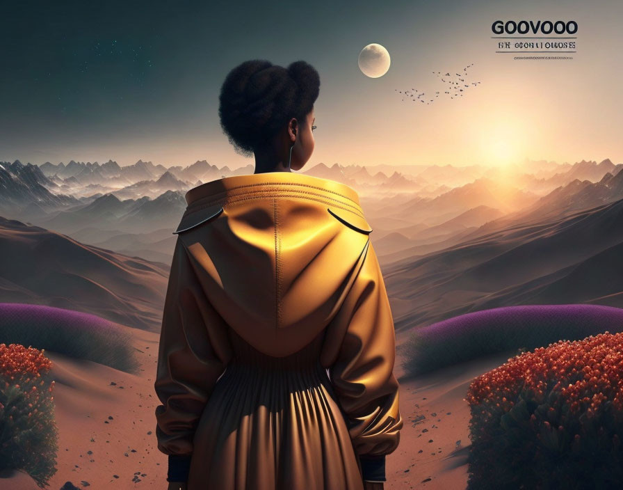 Person in yellow jacket gazes at sunset over purple hills in fantastical landscape.