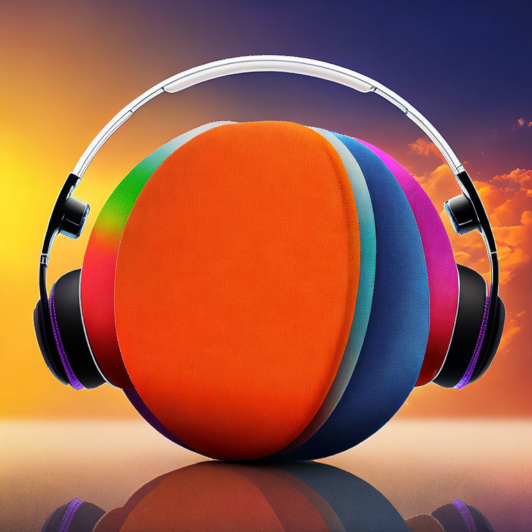 Colorful spherical object with headphones on orange background.