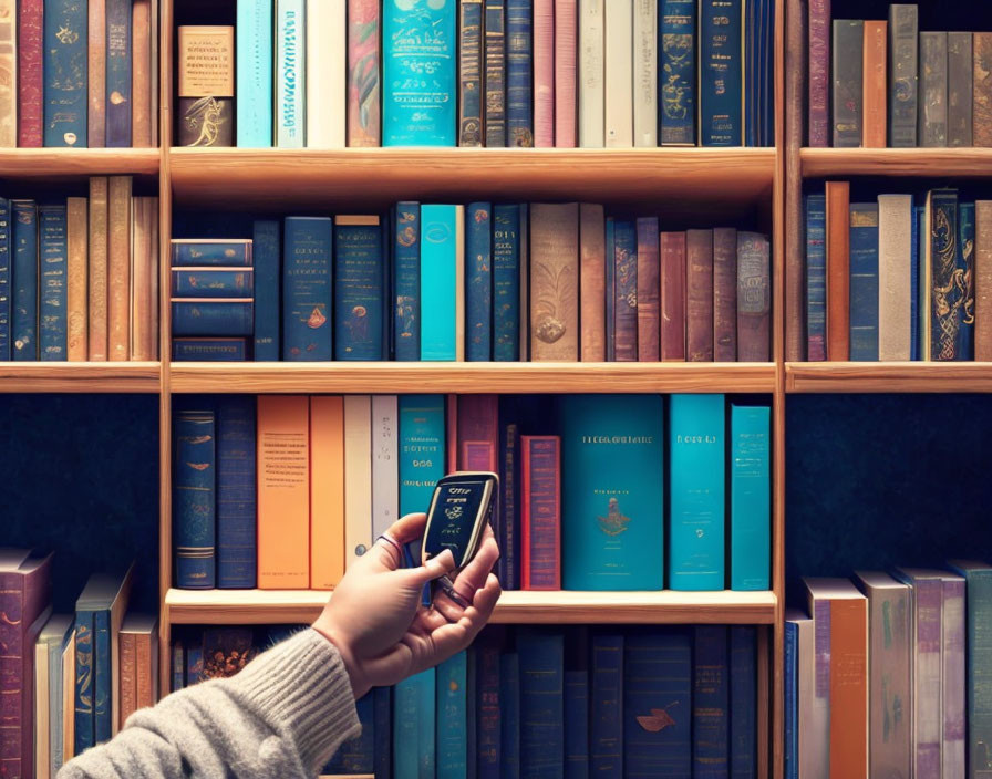 Arm reaching for colorful books on wooden shelf in cozy library