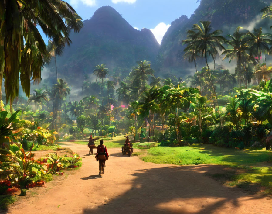 Tropical landscape with two people on motorcycles riding dirt path amid lush greenery