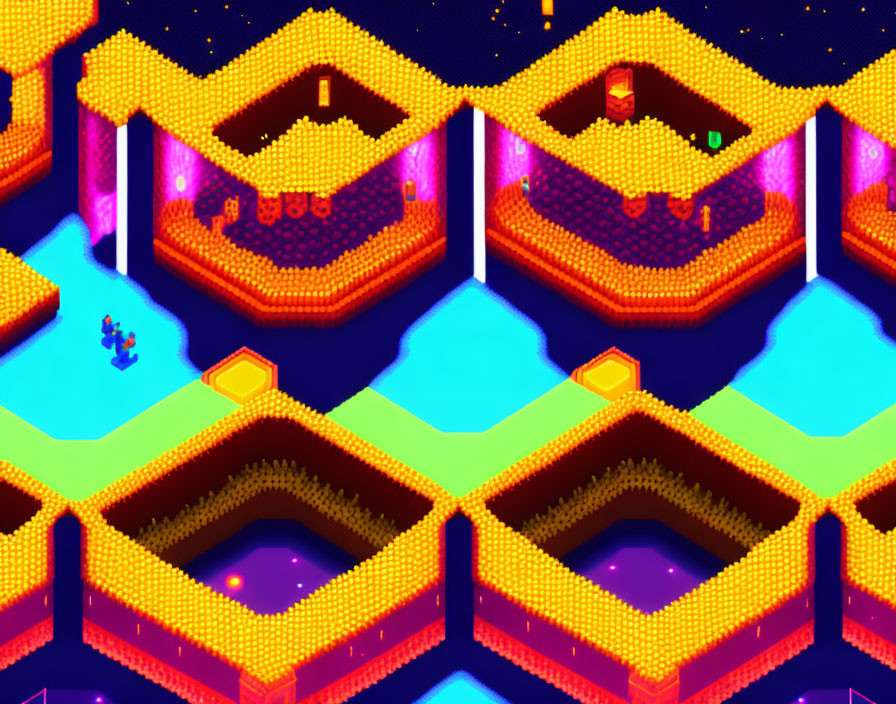 Isometric Pixel Art Landscape with Glowing Orange Terrain