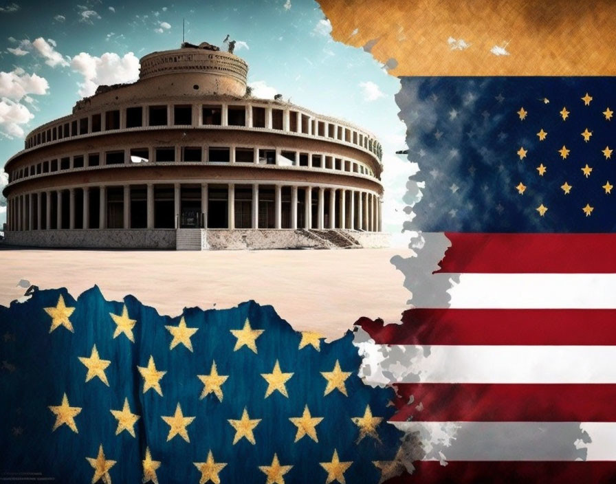 Weathered Colosseum with tattered US flag on starry backdrop symbolizing historical and patriotic