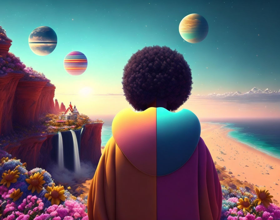 Afro person admires surreal landscape with planets, waterfall, and beach